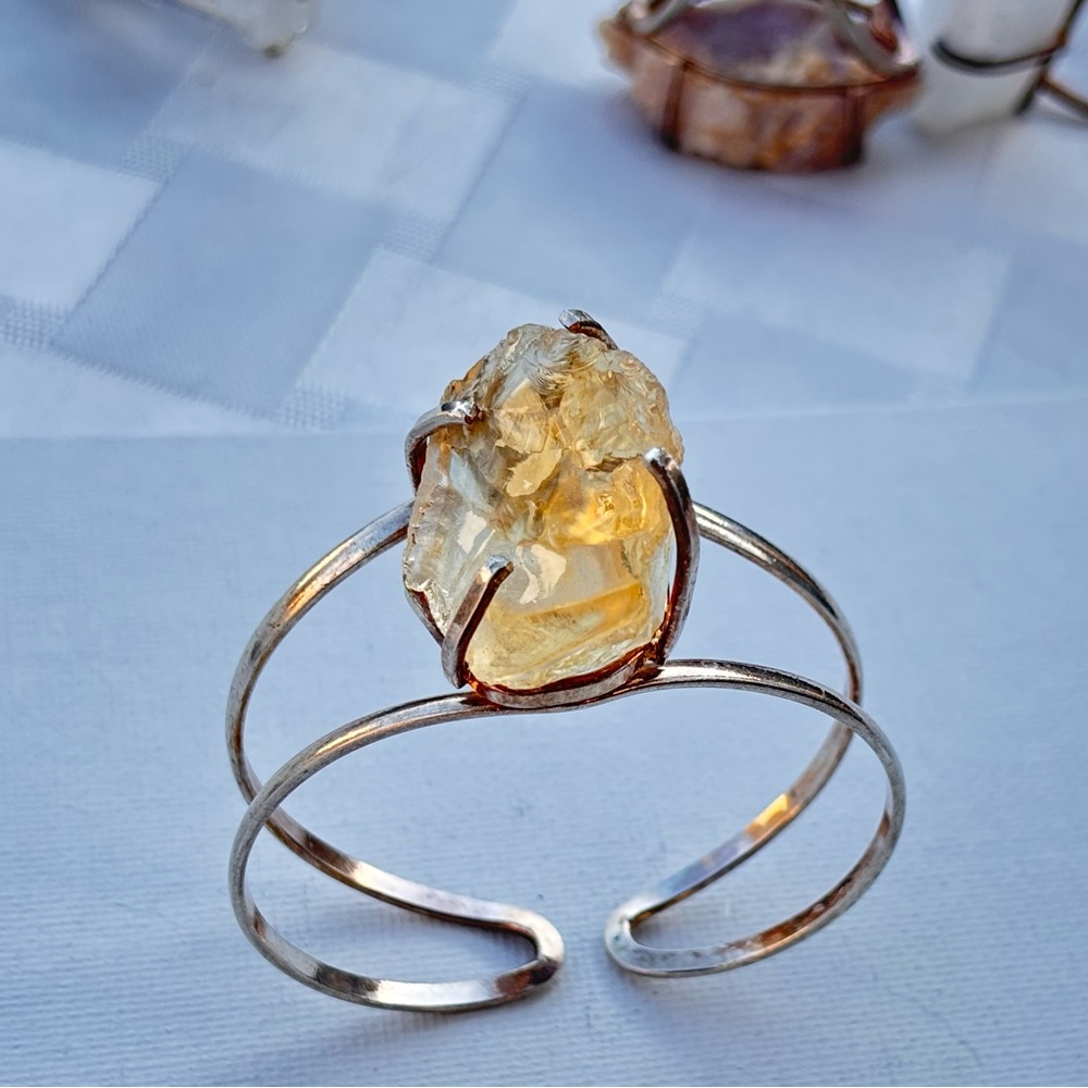 Elegant Raw Citrine Gemstone Silver and Gold-Toned Cuff Bracelet